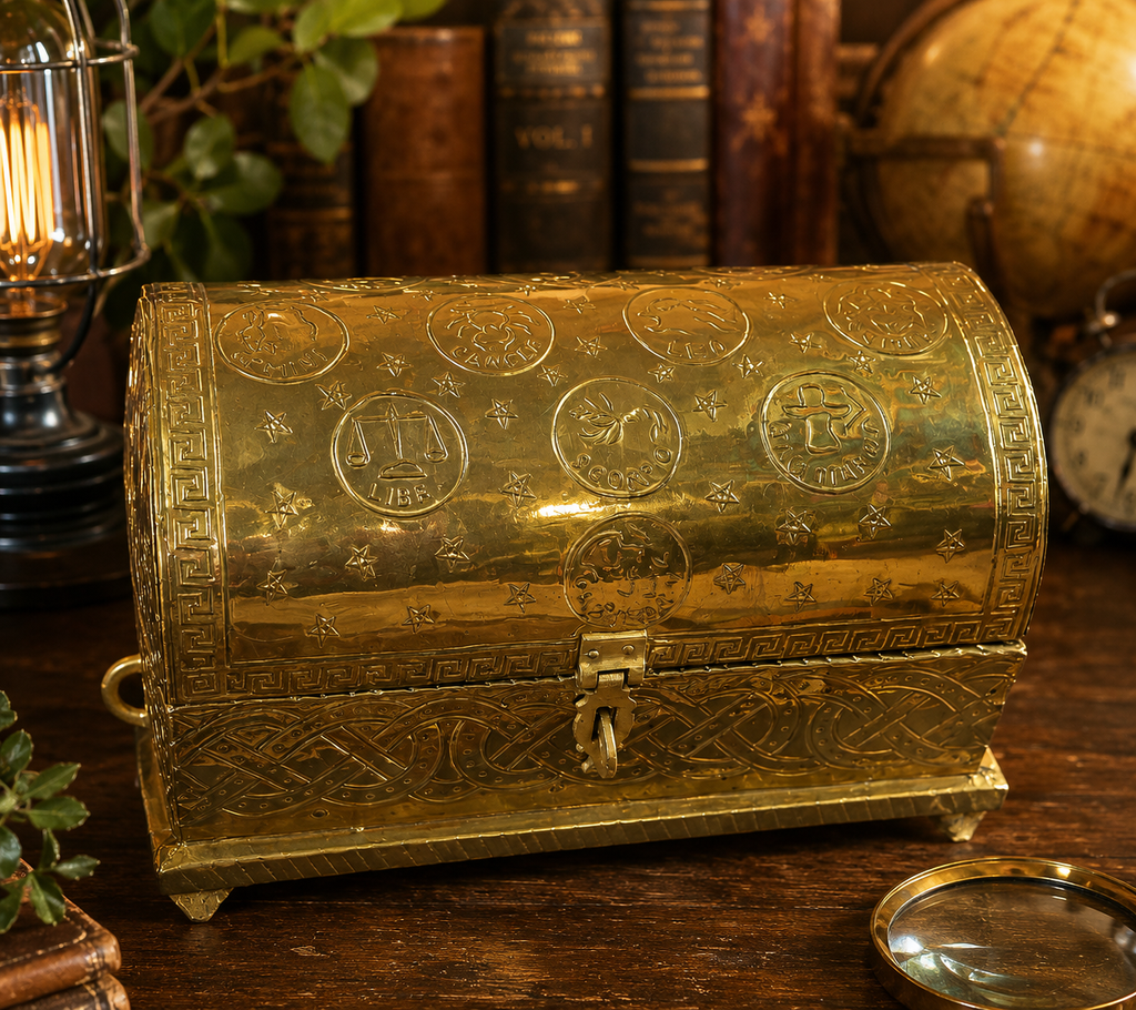 Mid Century Brass Zodiac Jewelry Dresser Chest